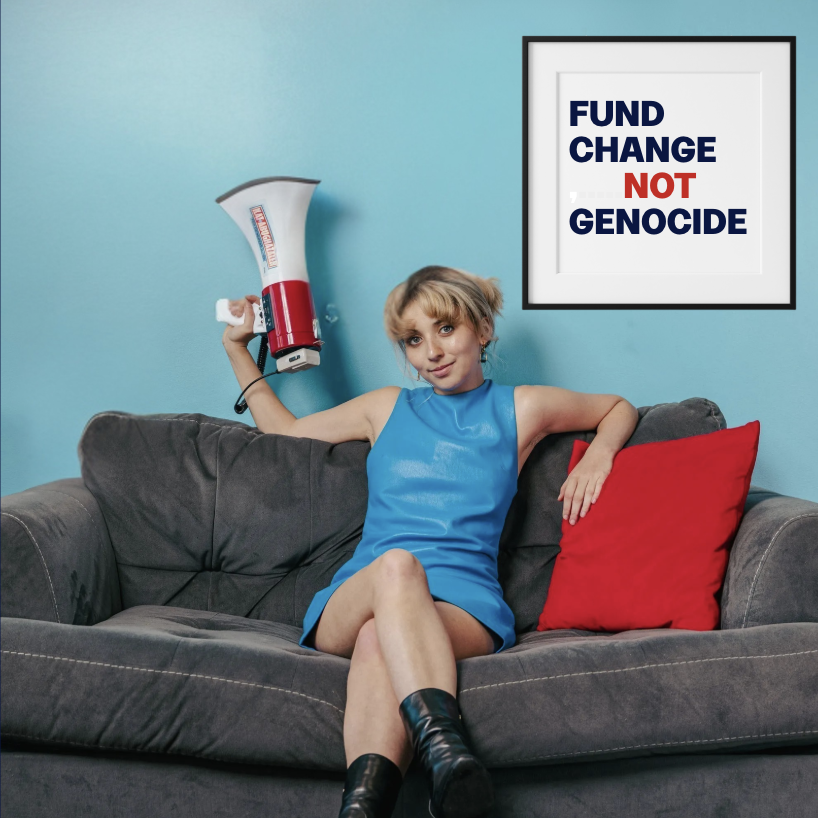 Photo of Kat Abughazaleh with poster that says FUND CHANGE NOT GENOCIDE